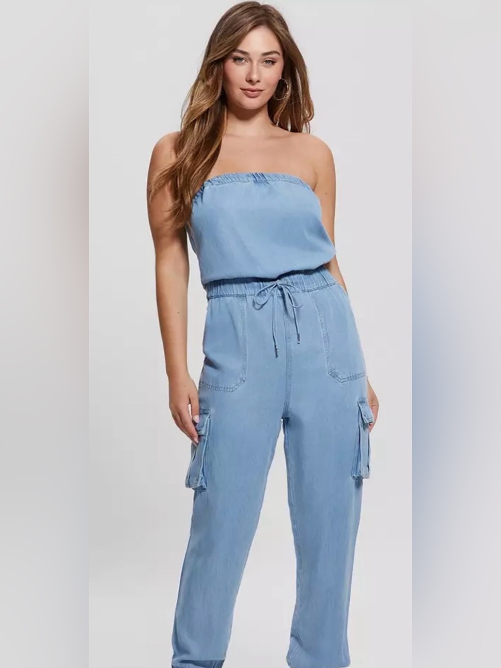 Hint of Blush. Med. Cargo Lightweight Jumpsuit. Blue. Strapless. Elastic.smocked
